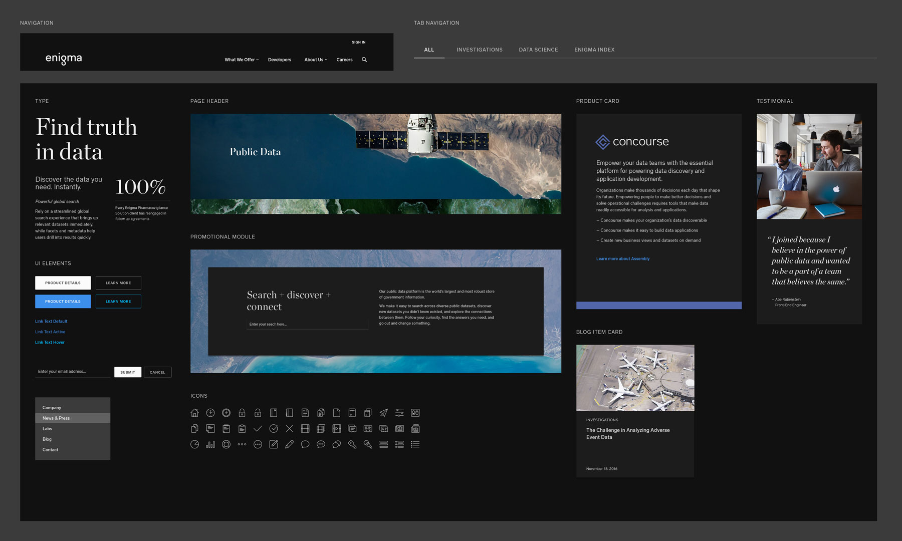 Enigma website UI elements - dark version