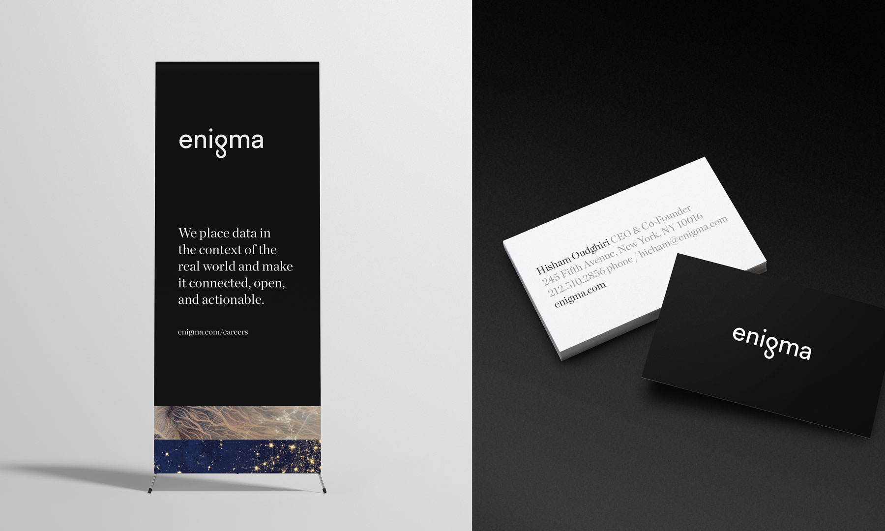 Enigma vertical standing banner and Enigma business cards