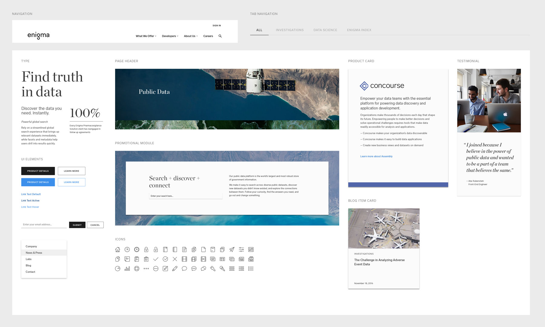 Enigma website UI elements - light version