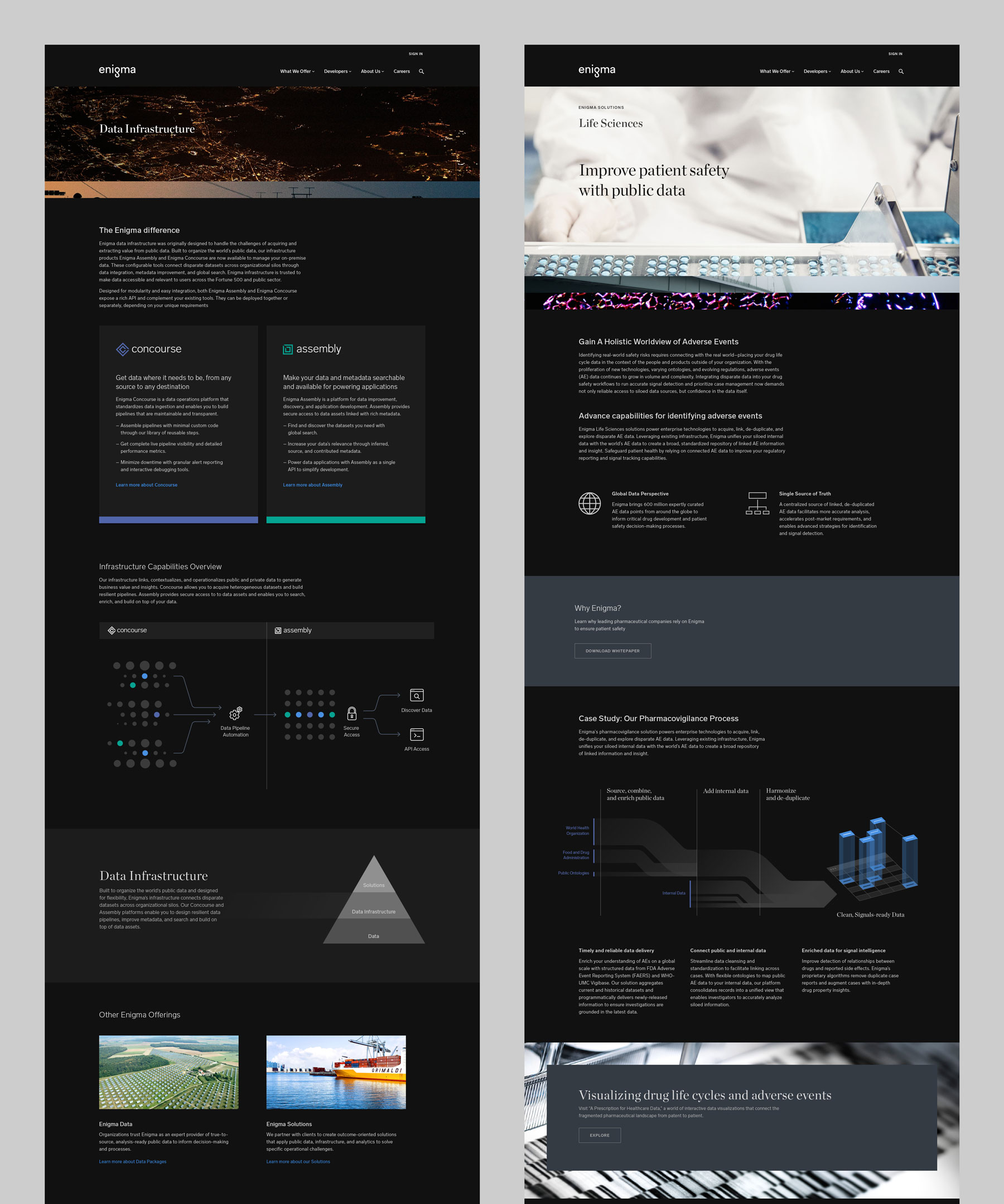 Enigma website pages “Data Infrastructure” and “Enigma Solutions: Life Sciences, Improve patient safety with public data”