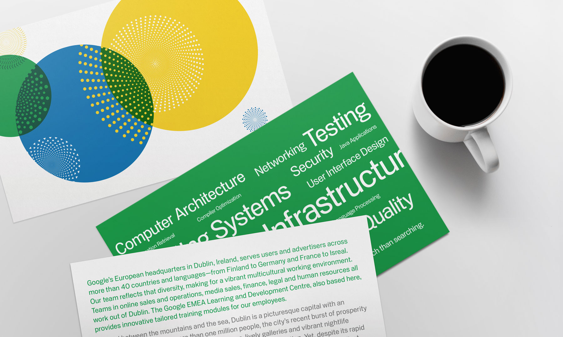 Google recruitment postcards next to a cup of coffee