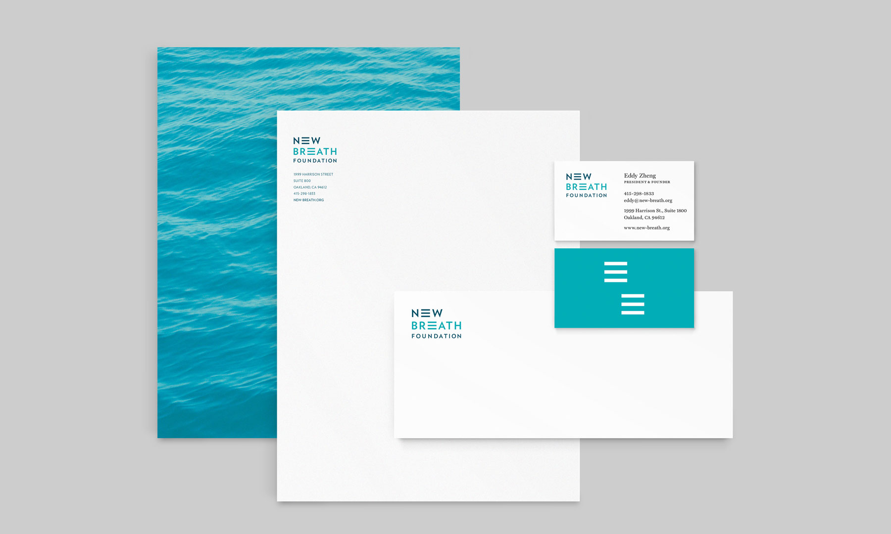 New Breath Foundation stationery system: letterhead, business card, envelope