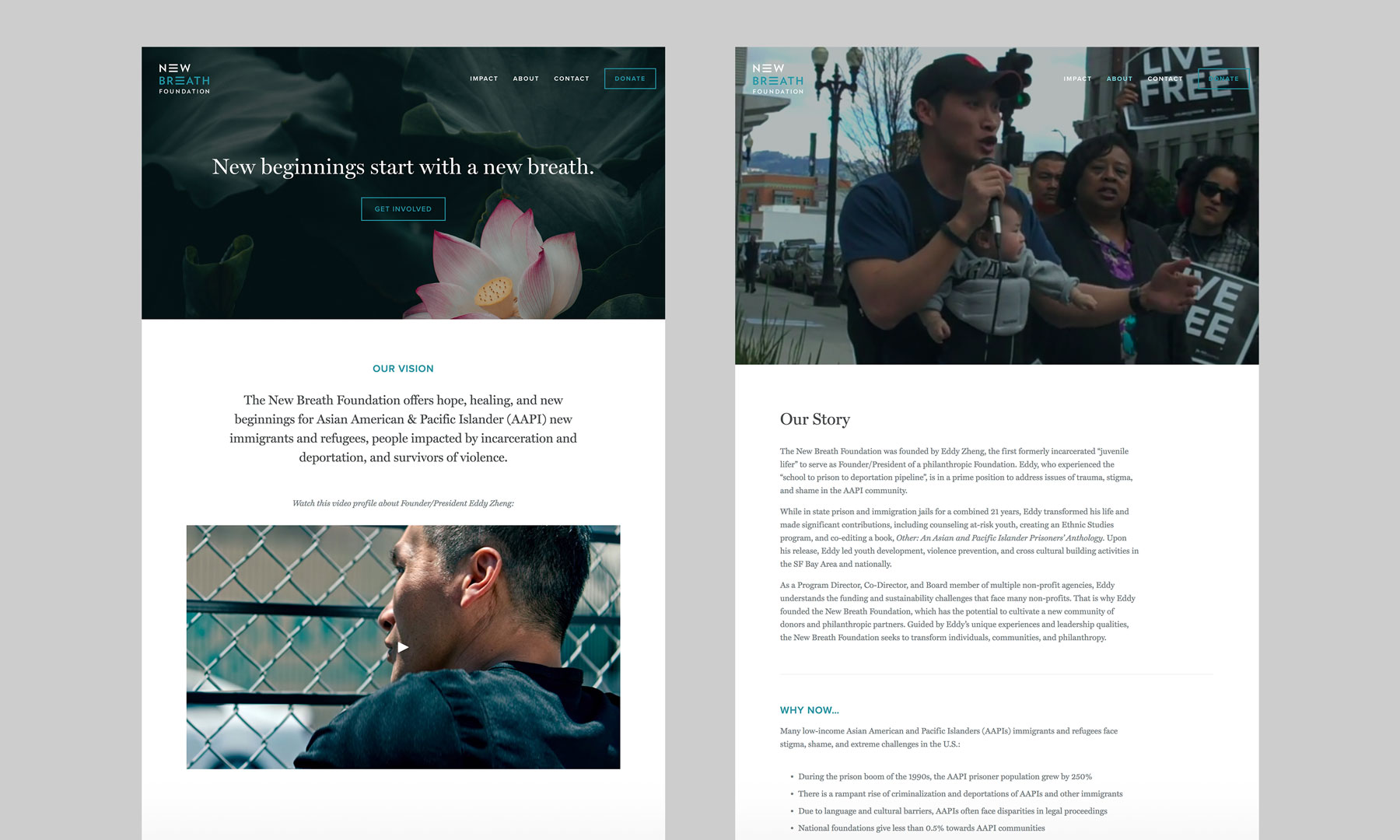 New Breath Foundation website homepage and “Our Story” page