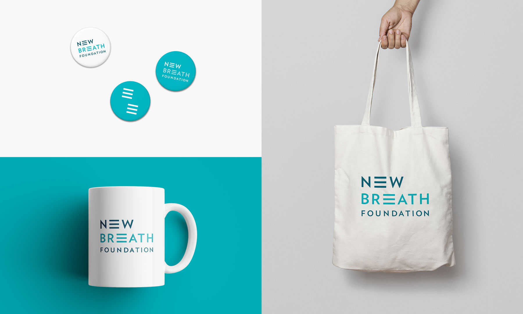 New Breath Foundation promotional items: buttons, mug, tote bag