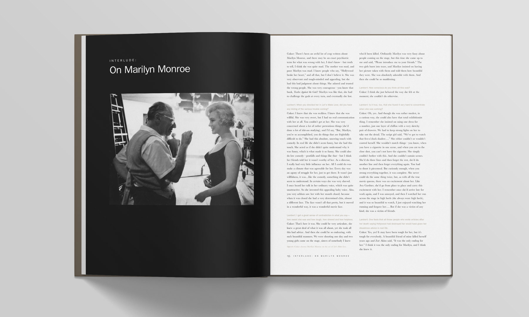 spread from the book, On Cukor, of the “On Marilyn Monroe” section, with a photo of George Cukor talking to Marilyn Monroe