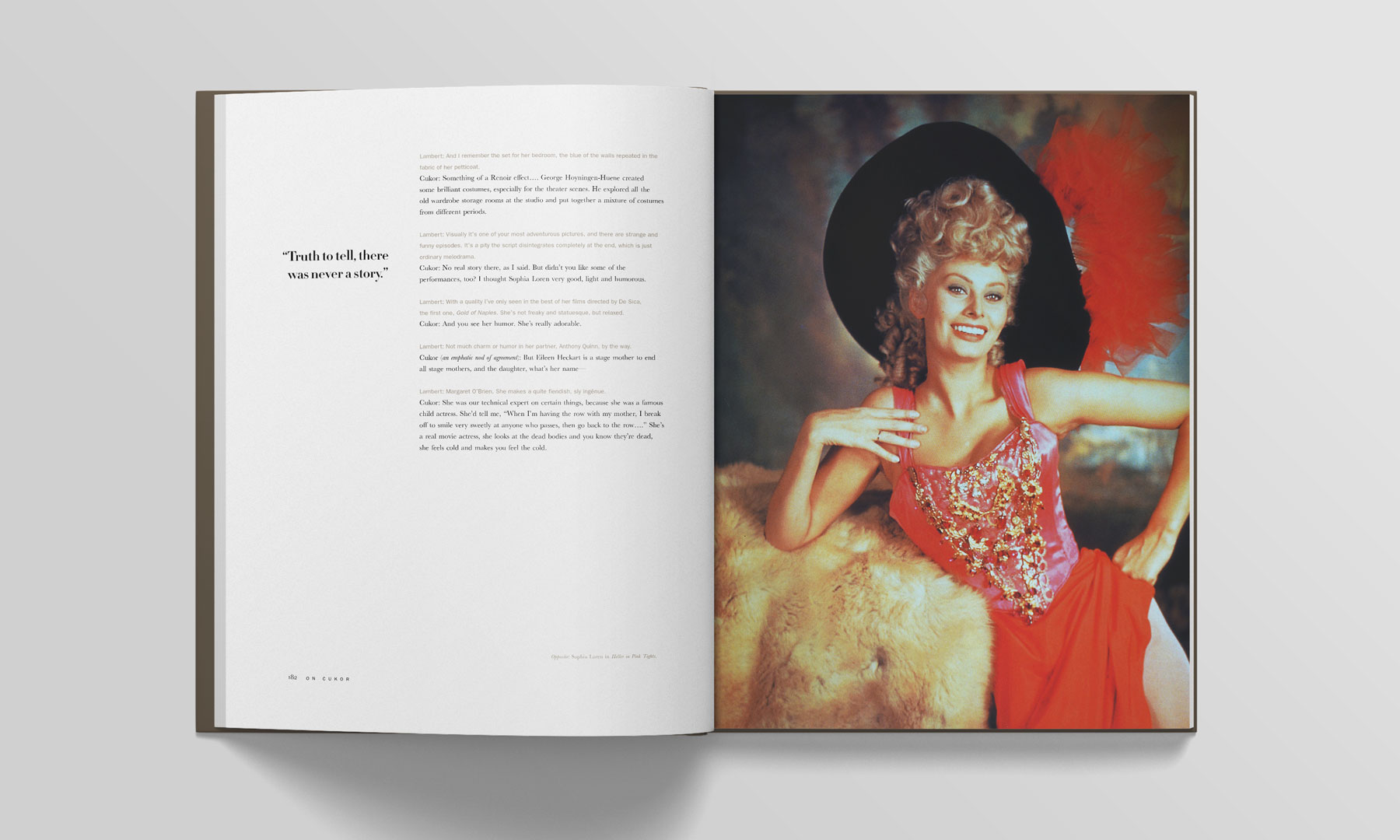 spread from book, On Cukor, of Sophia Loren in “Heller in Pink Tights”