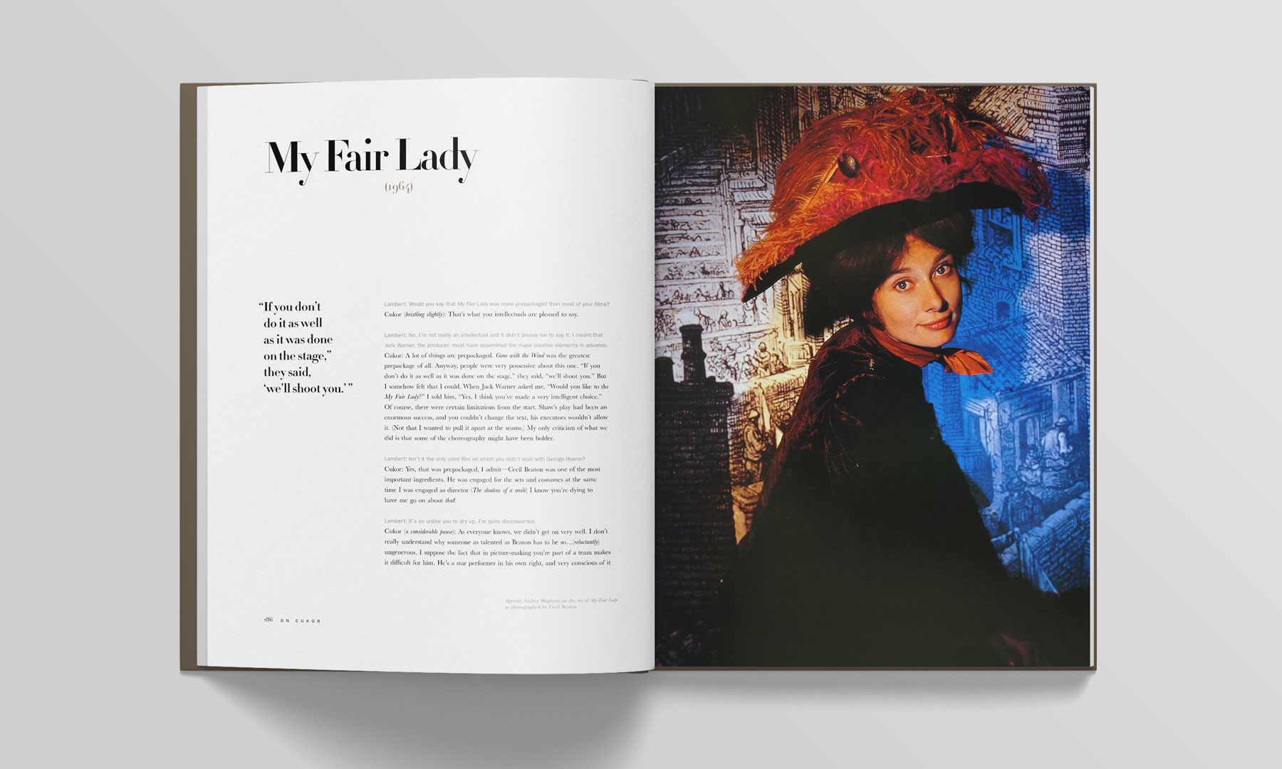 spread from the book, On Cukor, of the “My Fair Lady” section, with an photo of Audrey Hepburn