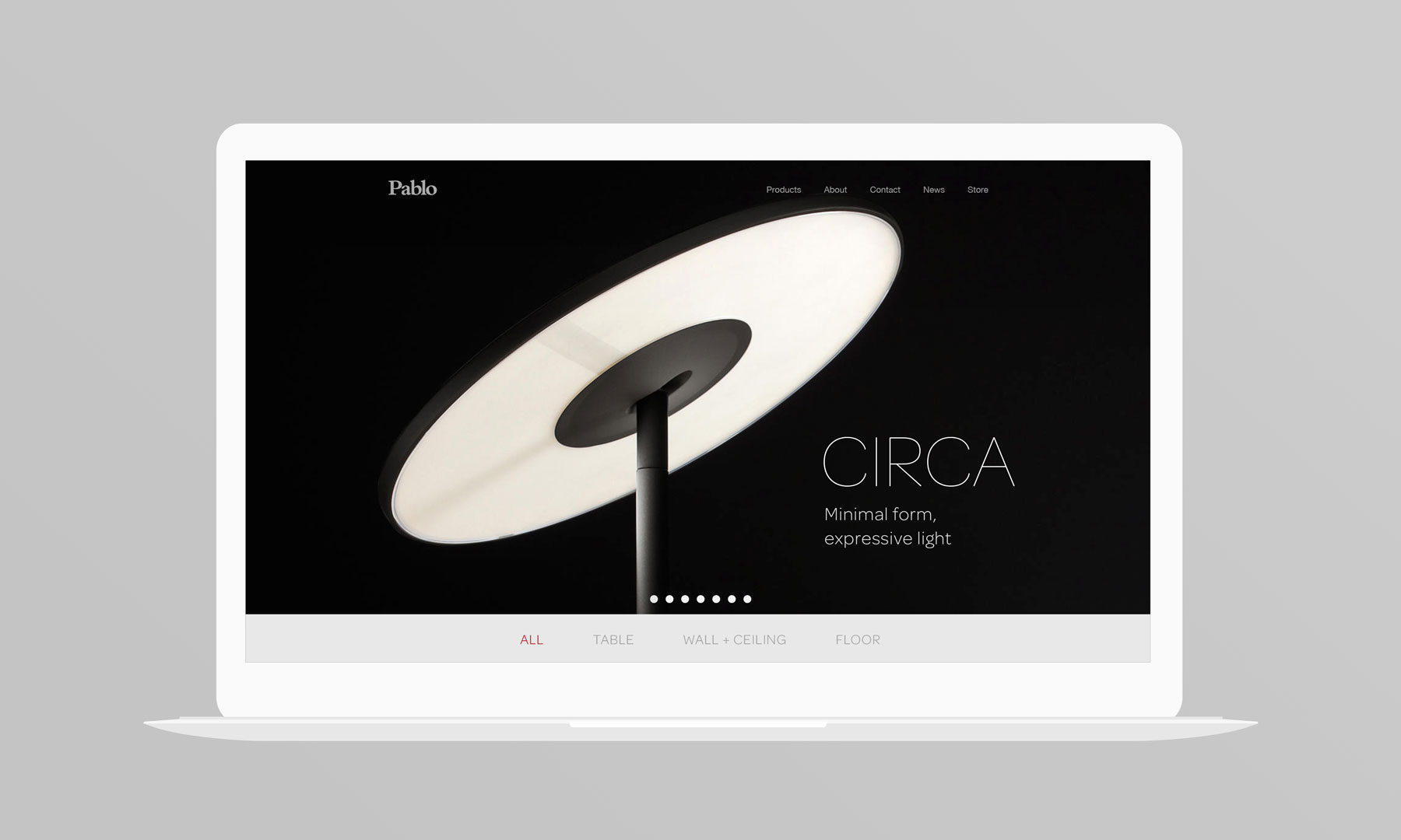 laptop with Pablo Designs homepage, featuring Circa: Minimal form, expressive light
