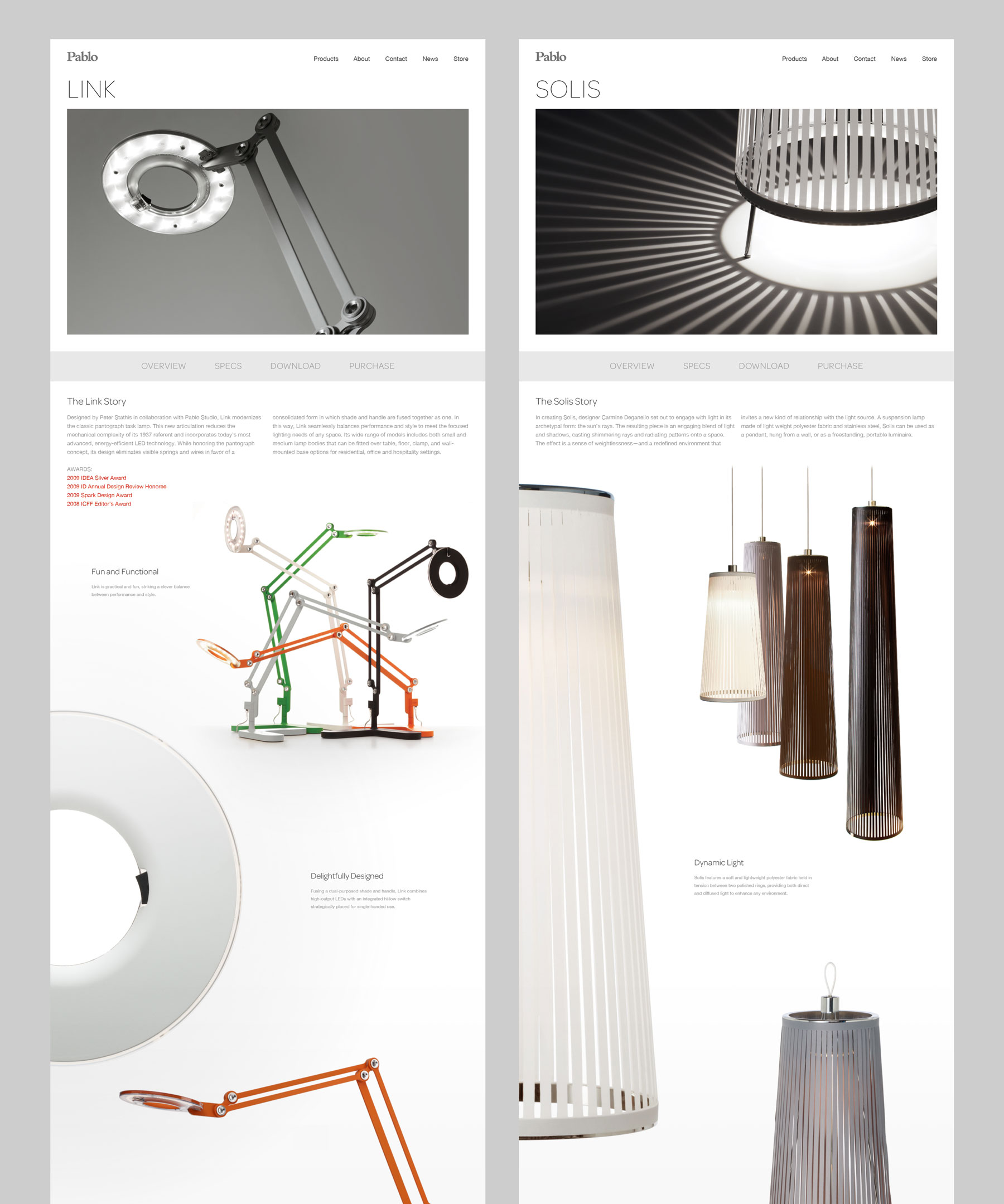 Pablo Designs product pages for Link and Solis lights