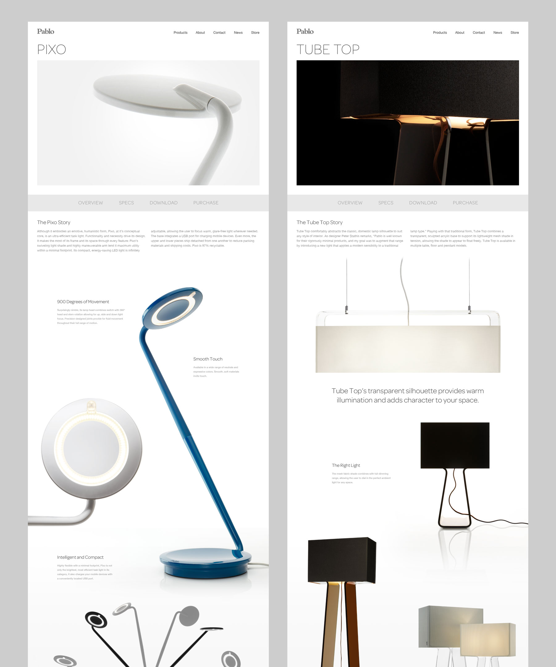 Pablo Designs product pages for Pixo and Tube Top lights