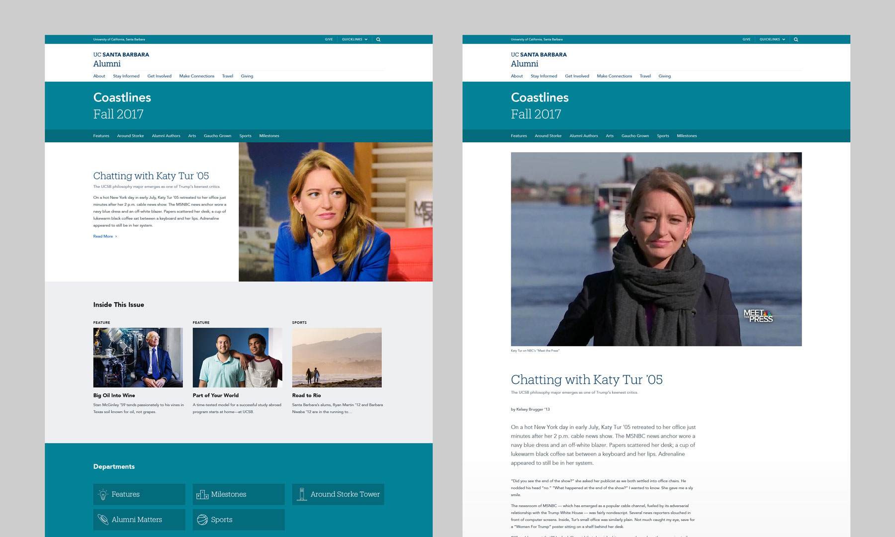 UC Santa Barbara Alumni newsletter “Coastlines” with example story “Chatting With Katy Tur, ‘05”