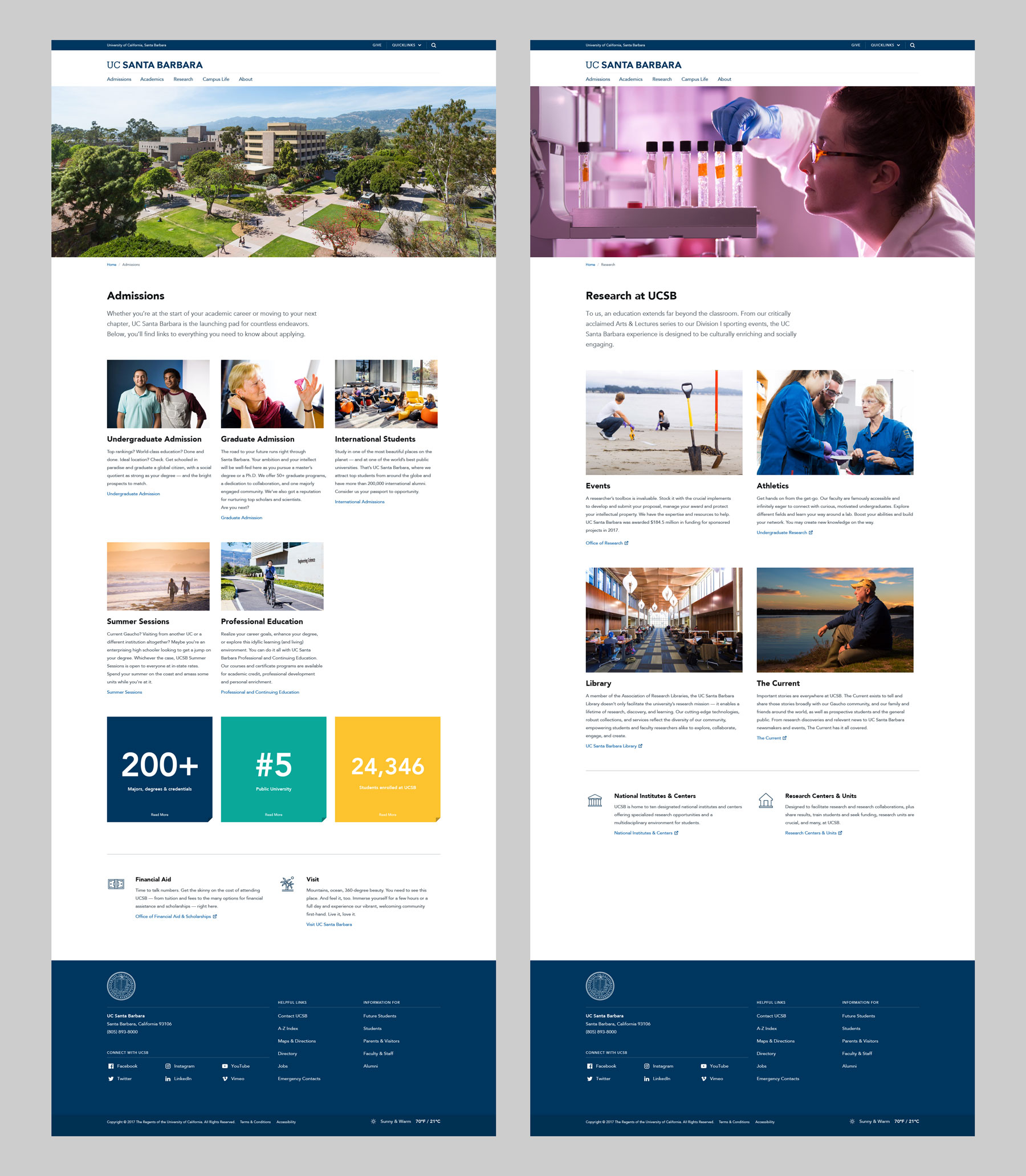 UCSB website pages: “Admissions“ and “Research at UCSB“